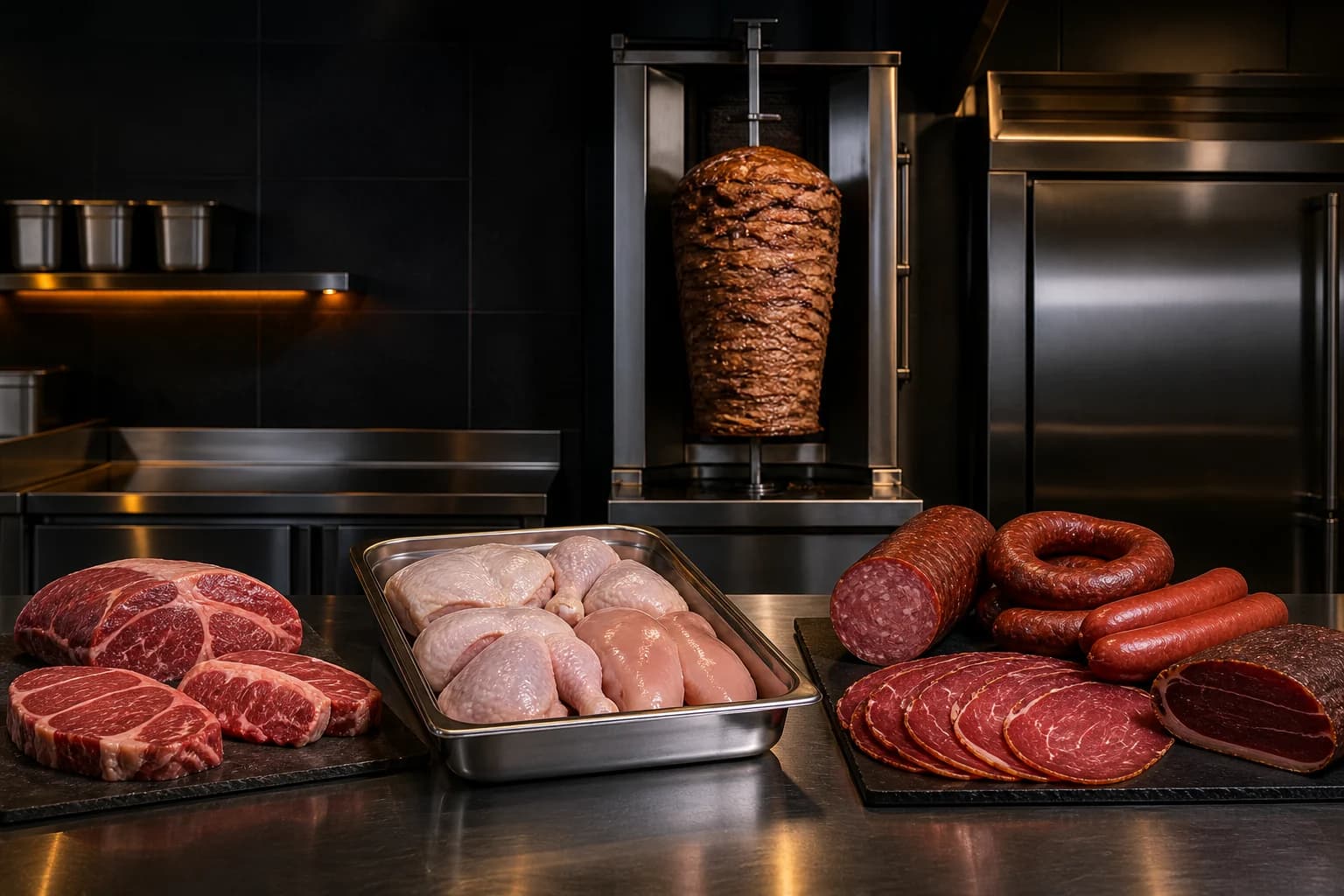 Vlees, kip, kebab aan het spit en Turkse vleeswaren in een professionele keuken